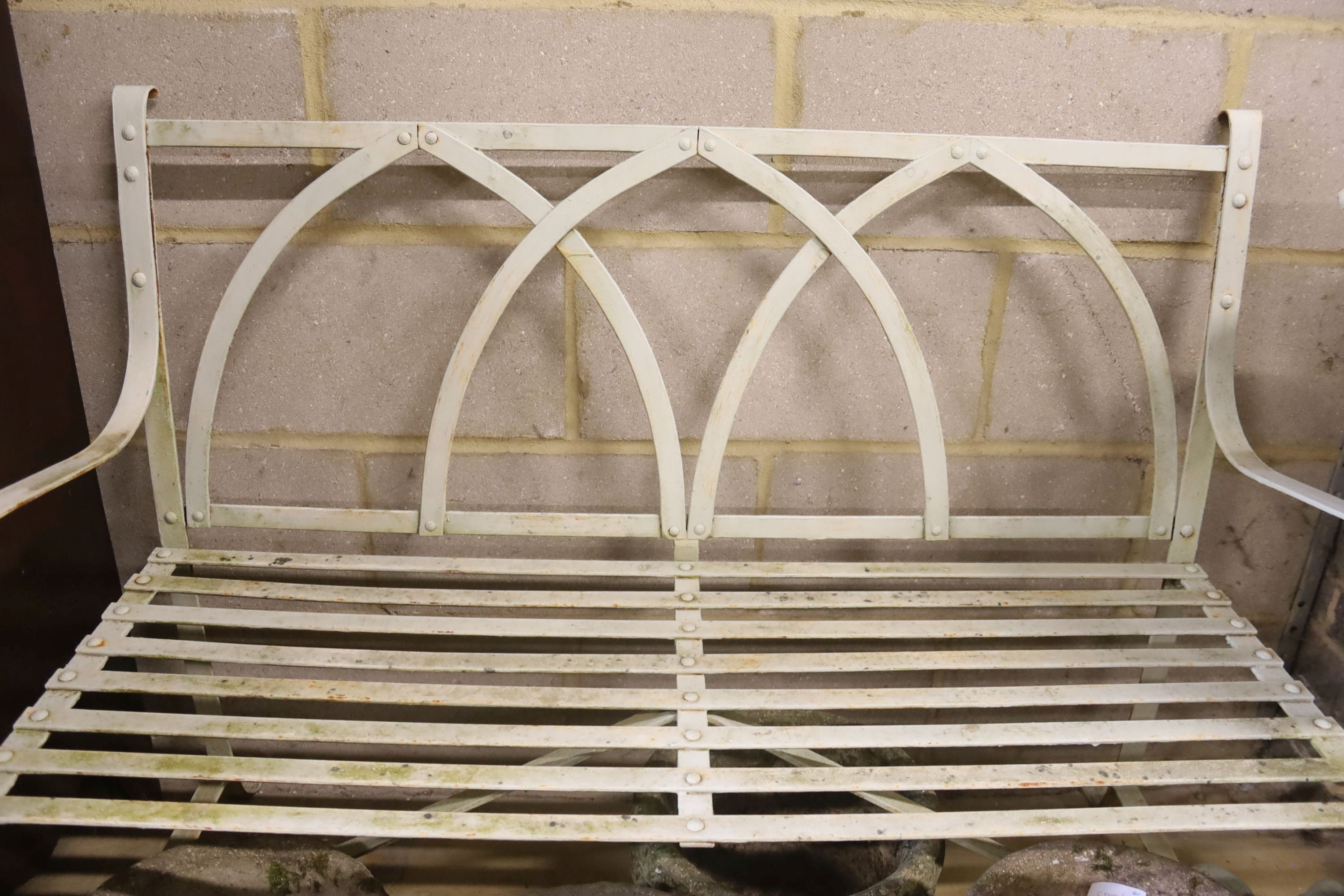 A 19th century painted wrought iron garden bench, length 112cm, depth 52cm, height 85cm